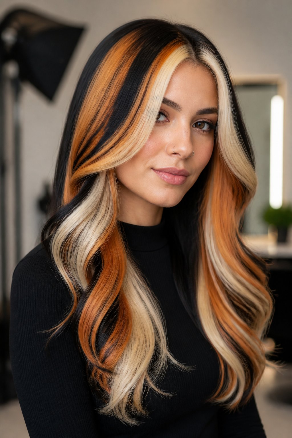 Long wavy hair with distinct black, copper-orange, and cream-blonde calico color panels.