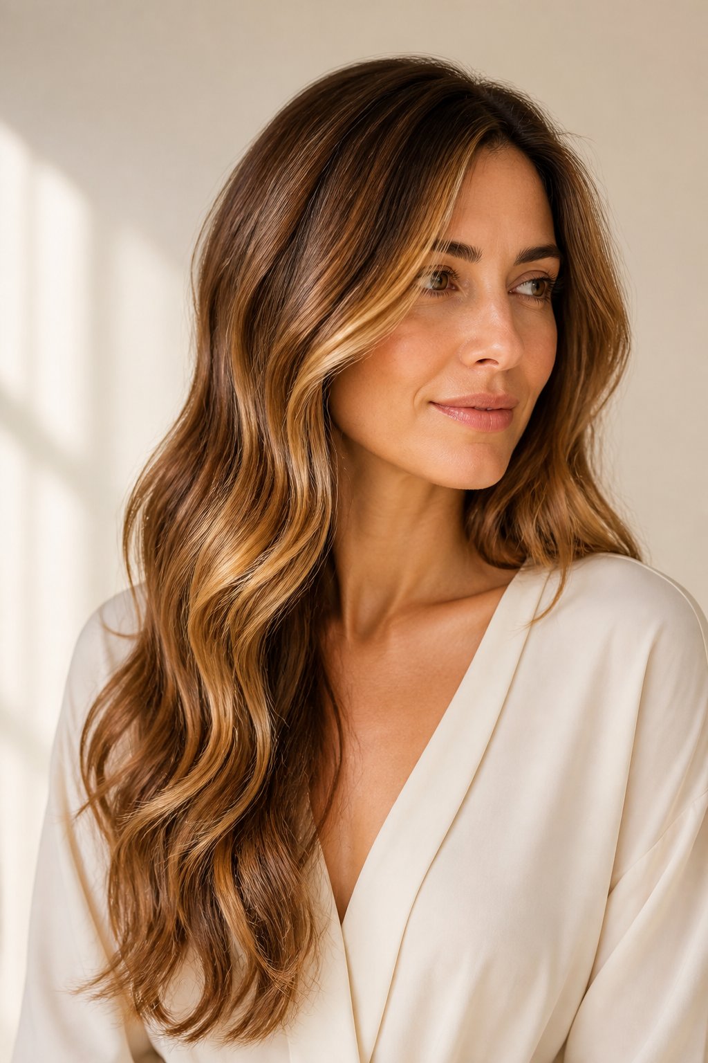 Long wavy tortoiseshell blend with brunette, caramel, and golden-blonde tones.