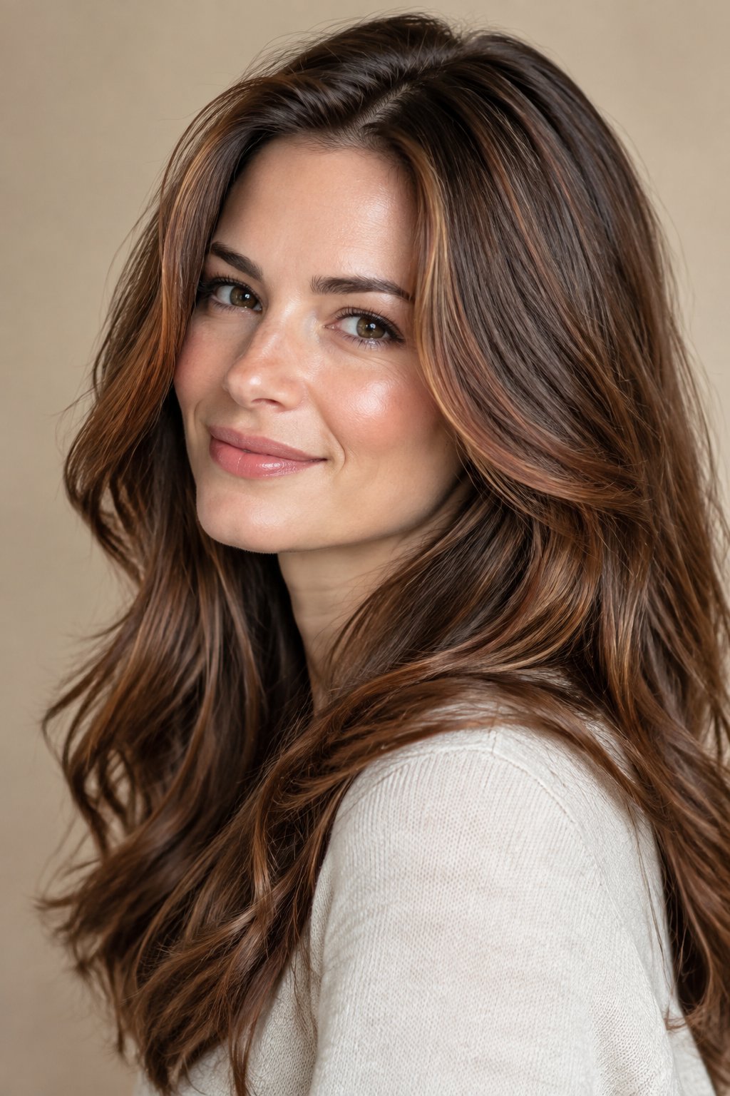 Medium brown hair enhanced with soft cinnamon red-gold warmth.