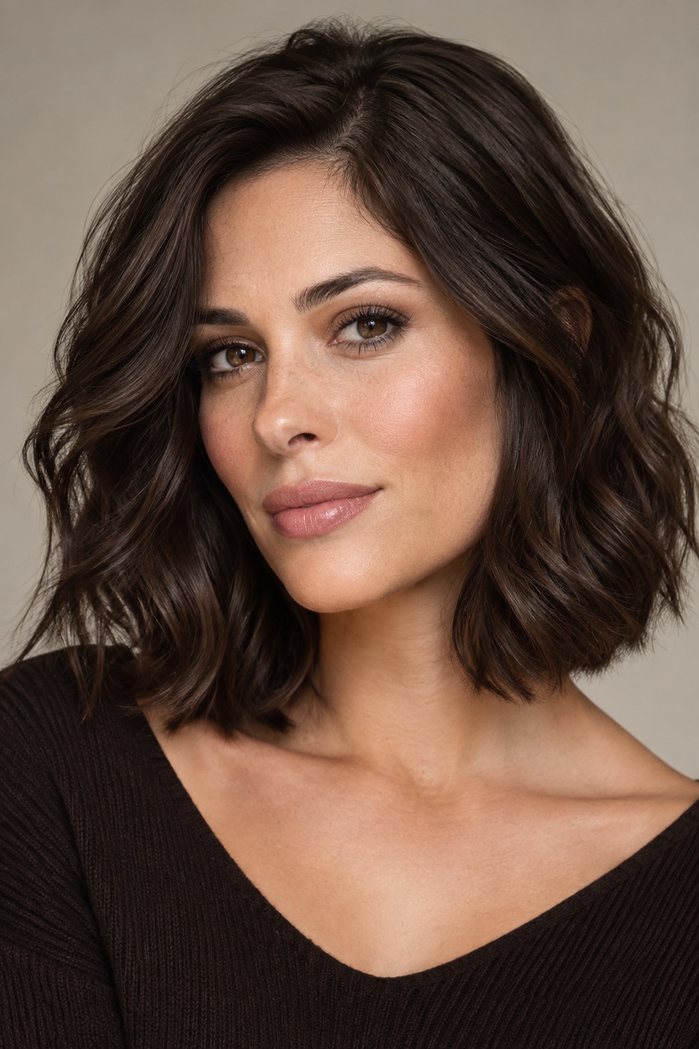 Medium-length espresso brown hair with soft waves and polished movement.