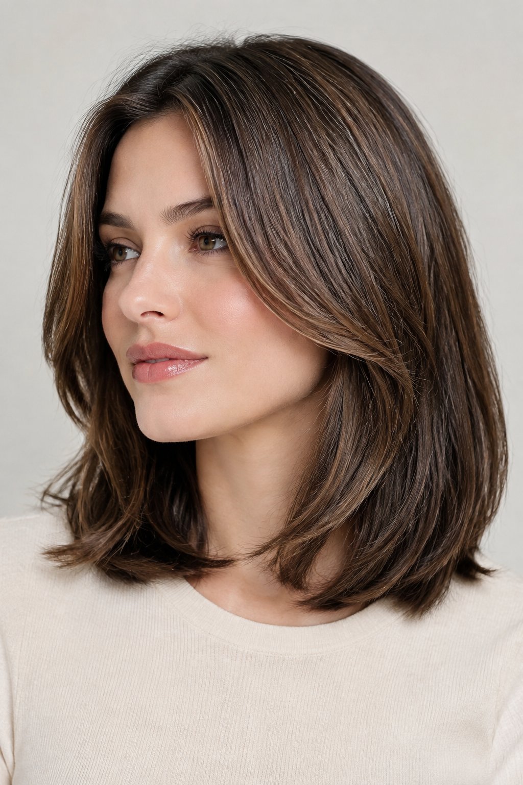 Medium-length haircut with long, light face-framing layers and preserved fullness through the back.