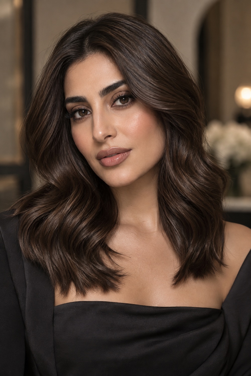 Medium-length wavy hair in balanced neutral espresso brown.