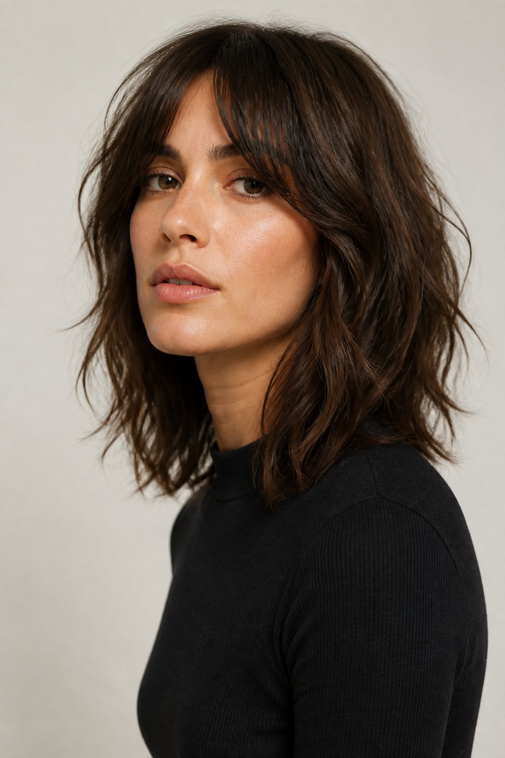 Modern shag collarbone lob with choppy layers, wispy ends, and tousled texture.