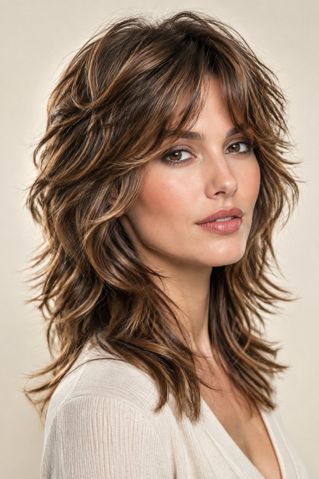 Multi-tonal caramel highlights add impressive depth to a classic brown shag wolf cut.