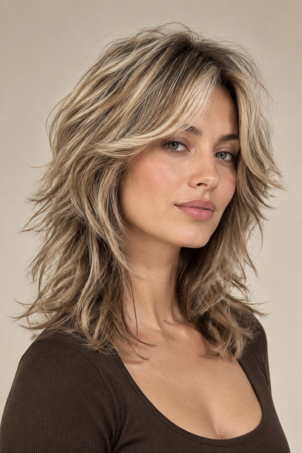 Mushroom brown lowlights add soft depth to a dirty blonde wolf cut while maintaining a natural, neutral color palette.