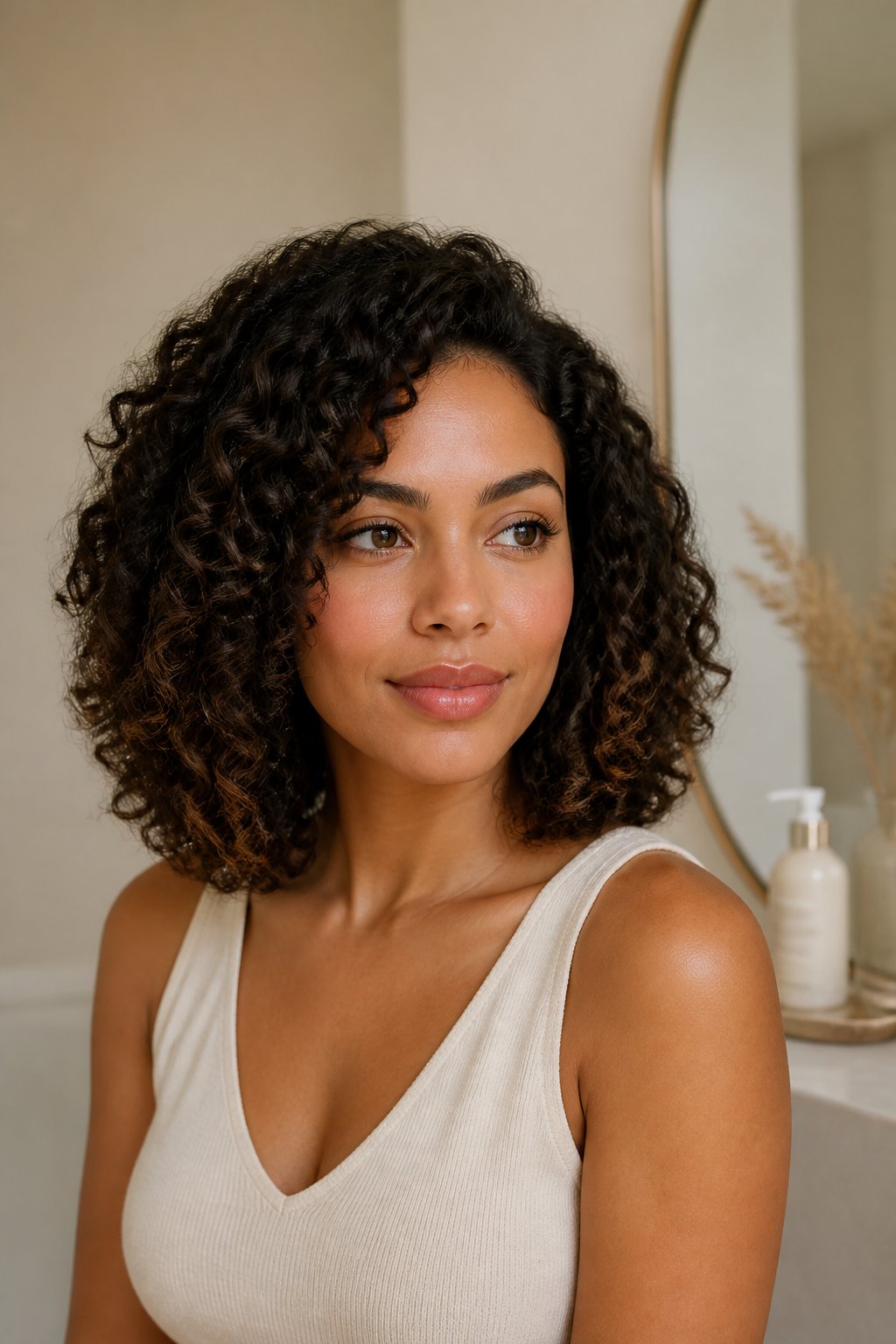 Naturally curly collarbone lob with defined curls and a balanced rounded shape.