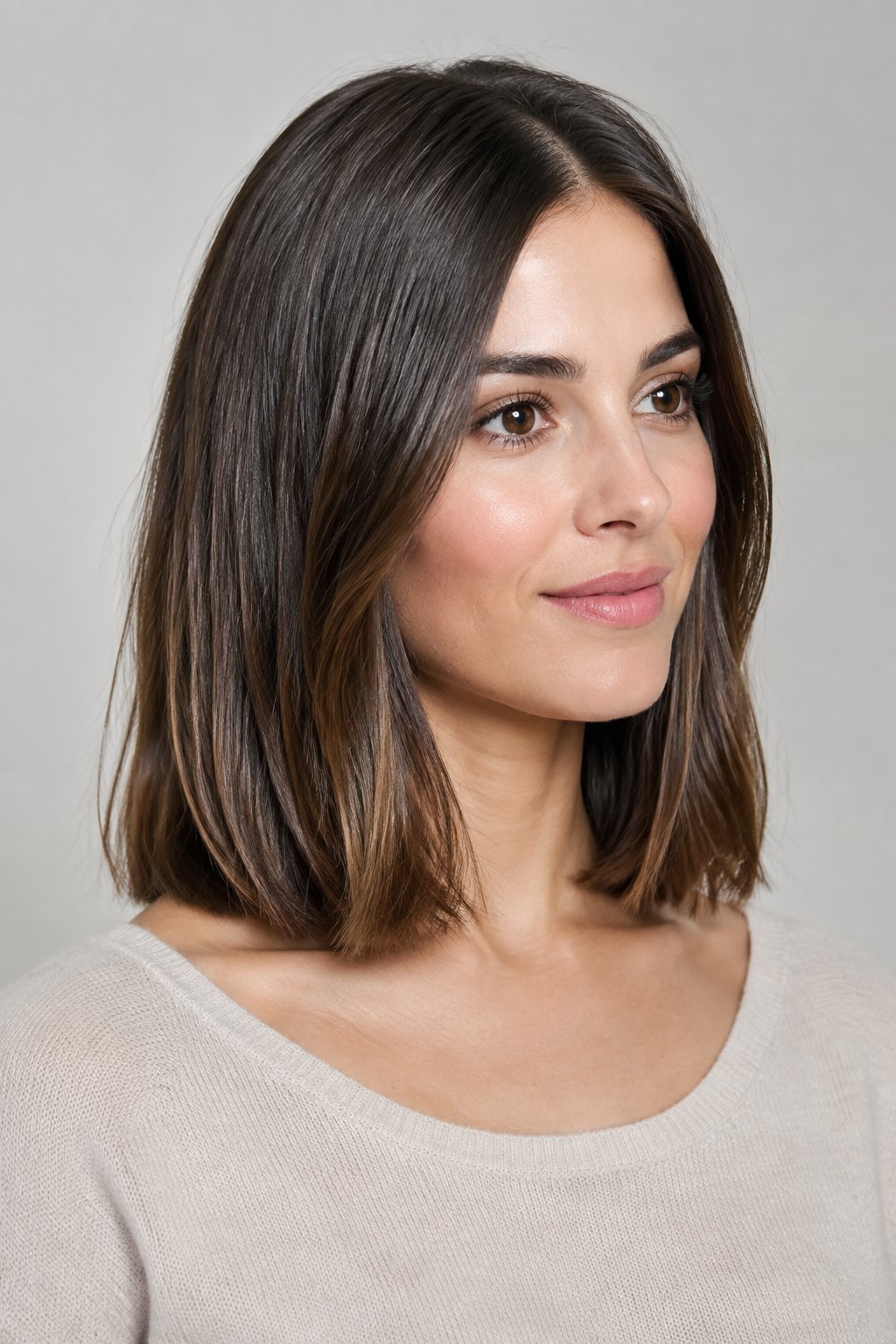 One-length collarbone lob with straight, blunt ends and minimal layering.