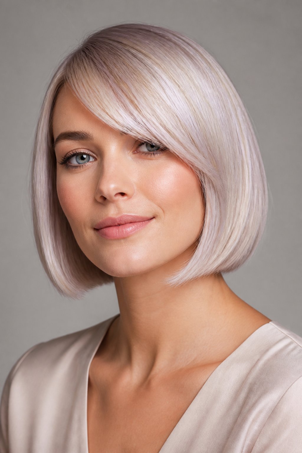 Pearl blonde bob with sleek styling and long side-swept bangs.