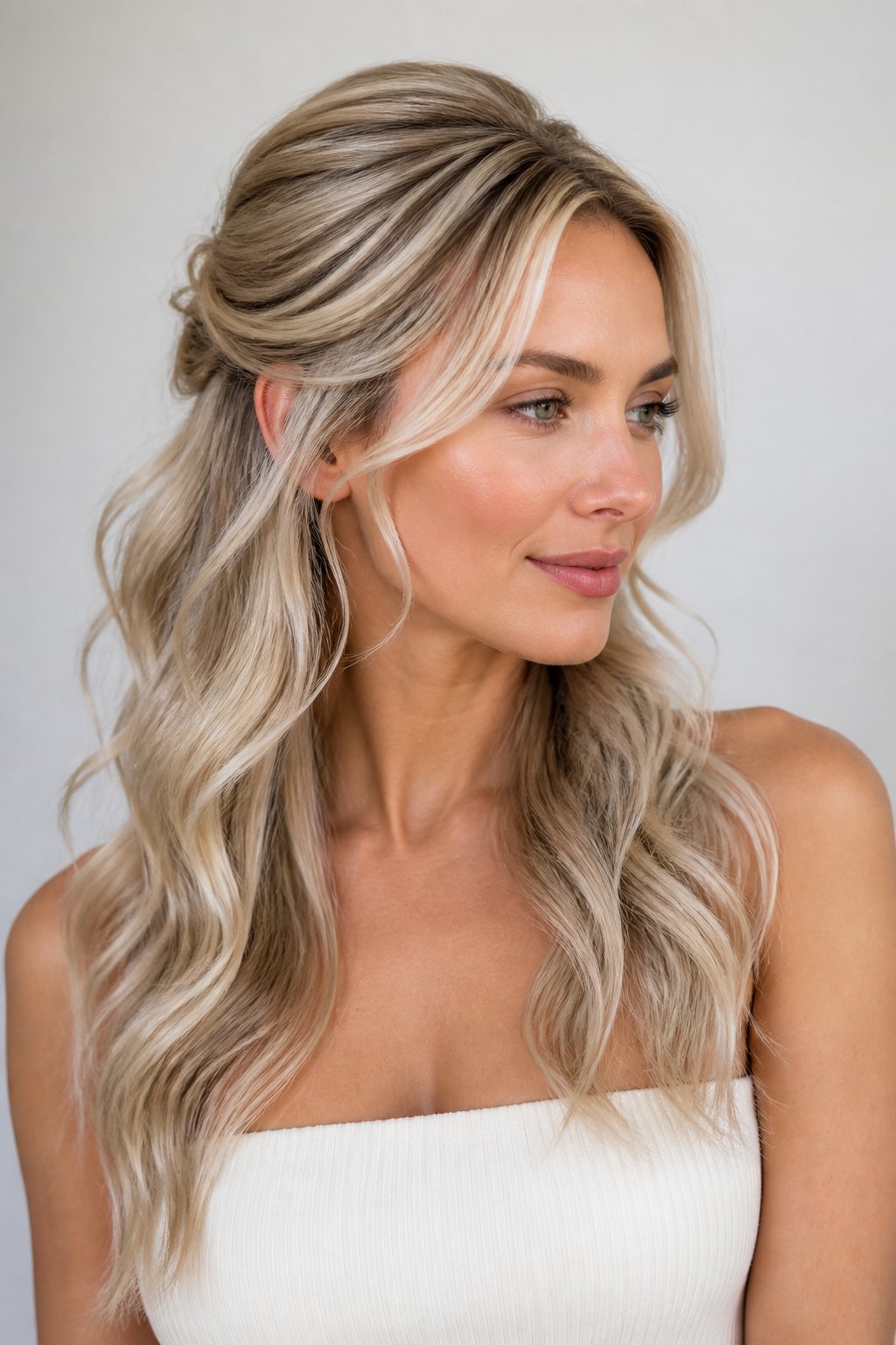 Pearl blonde highlights with cool luminous tones adding soft shimmer and dimension to the hair.