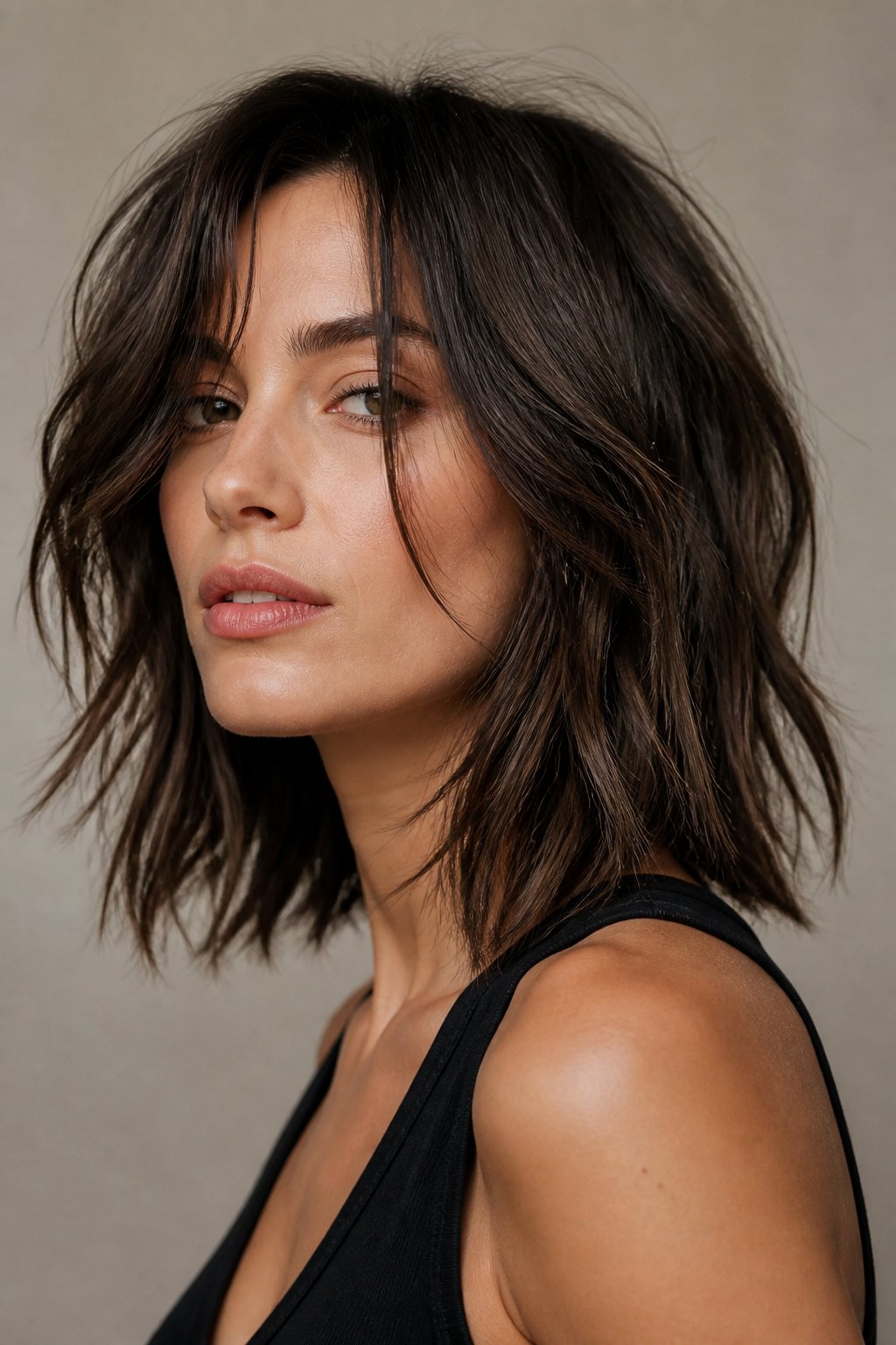 Piecey collarbone lob with separated textured strands and an undone editorial finish.