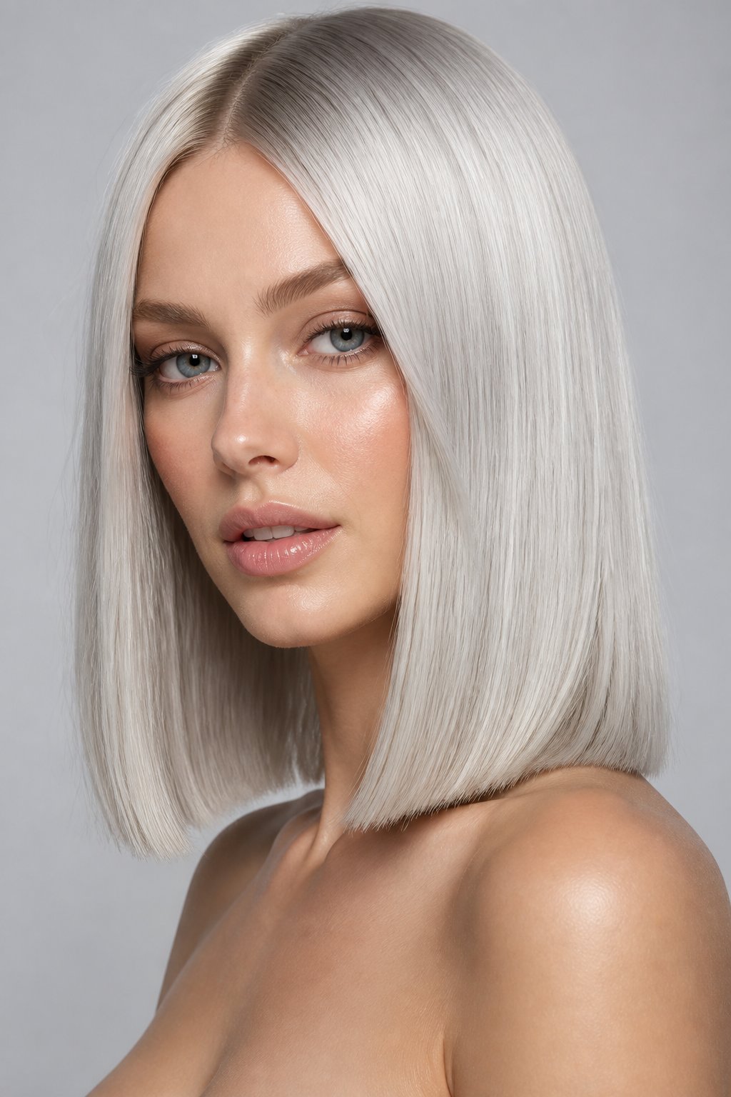 Platinum ash blonde hair with very light cool blonde color and a smoky gray-toned finish.