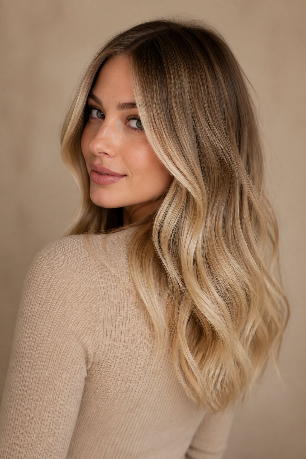 Reverse balayage blonde hair with deeper tones reintroduced at the roots and through selected sections.