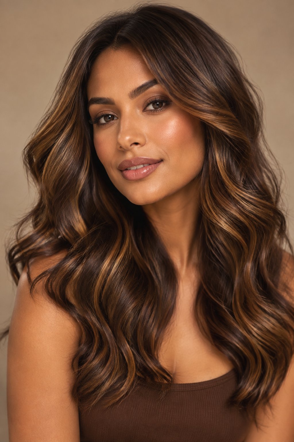 Rich chestnut brown wavy hair with fall-inspired copper and golden warmth.