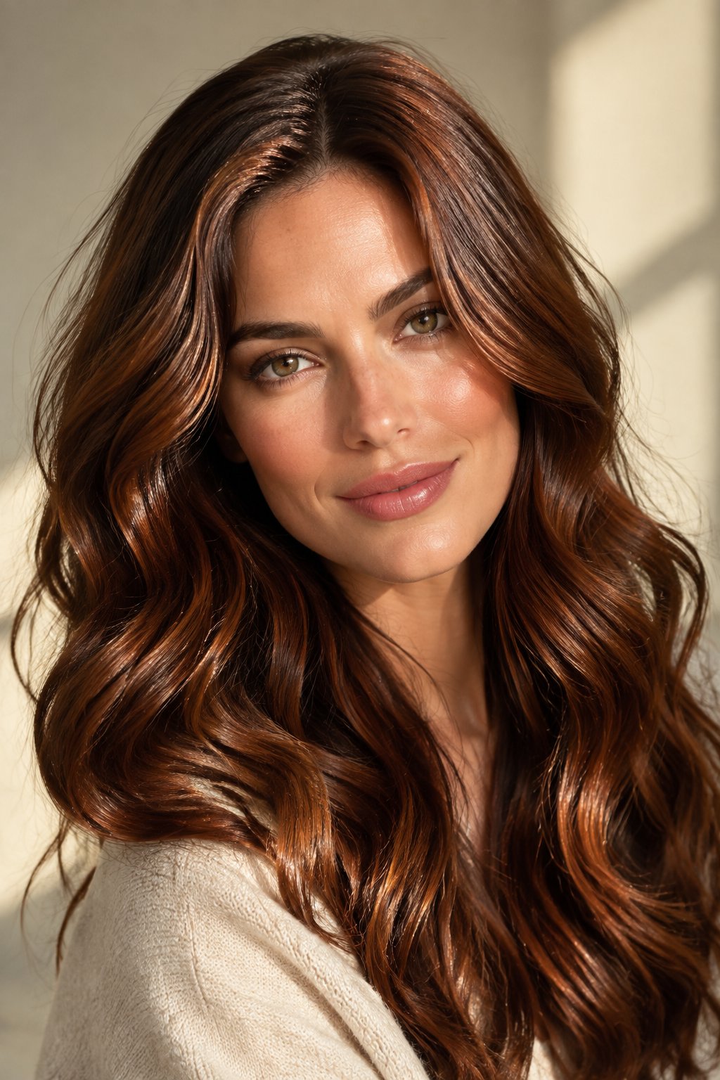 Rich copper cinnamon brown hair with vivid red-copper warmth.