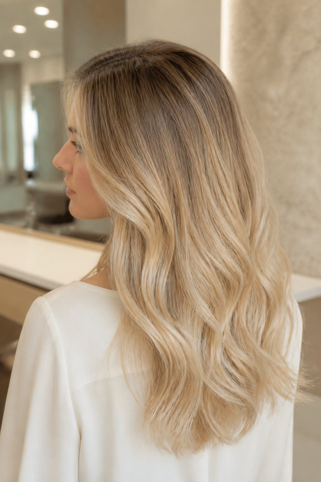 Root smudge blonde hair with a softly blurred darker root melting into lighter blonde lengths.