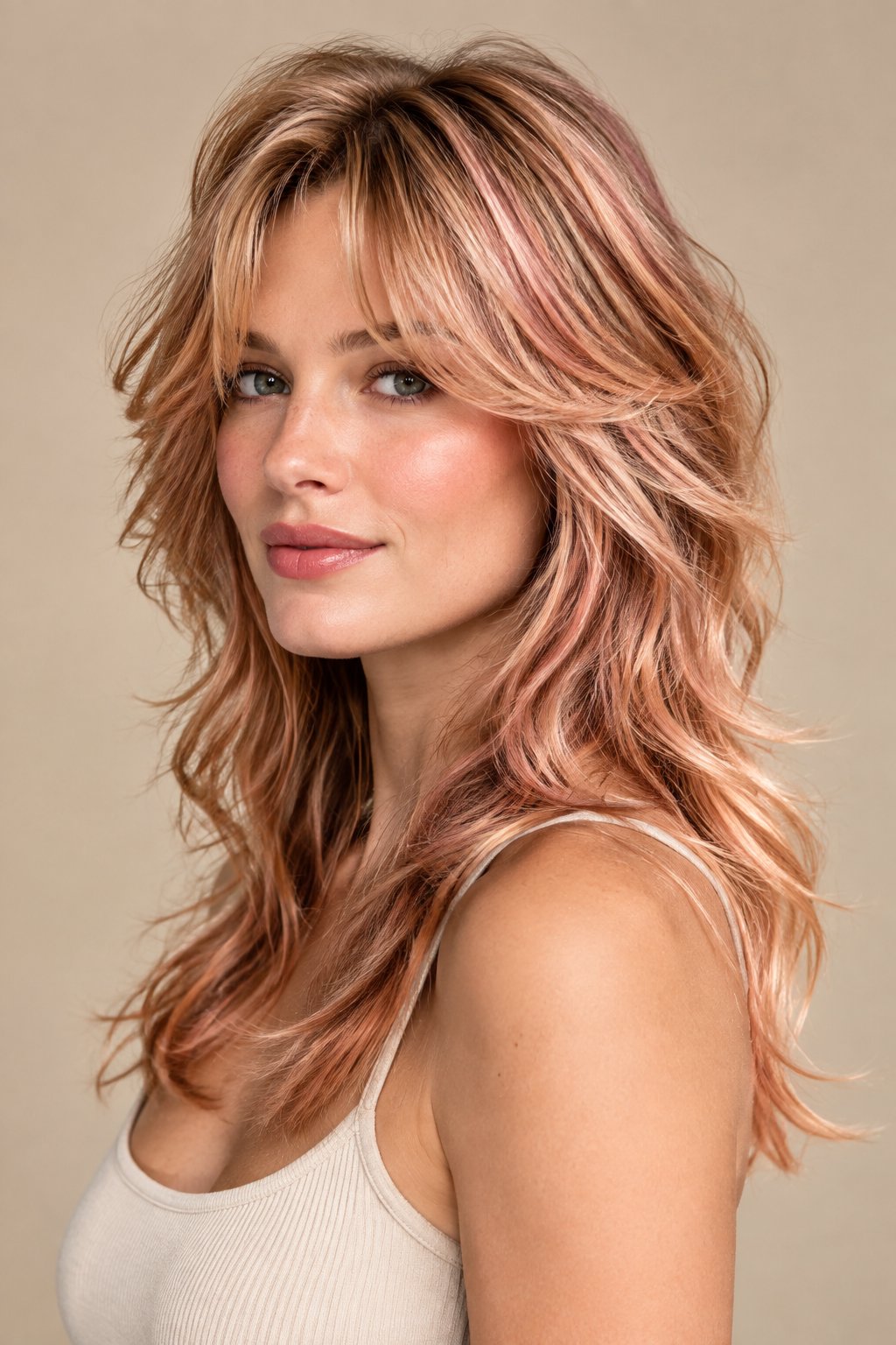 Rose gold ribbons add extra warmth and dimension to a strawberry blonde wolf cut.