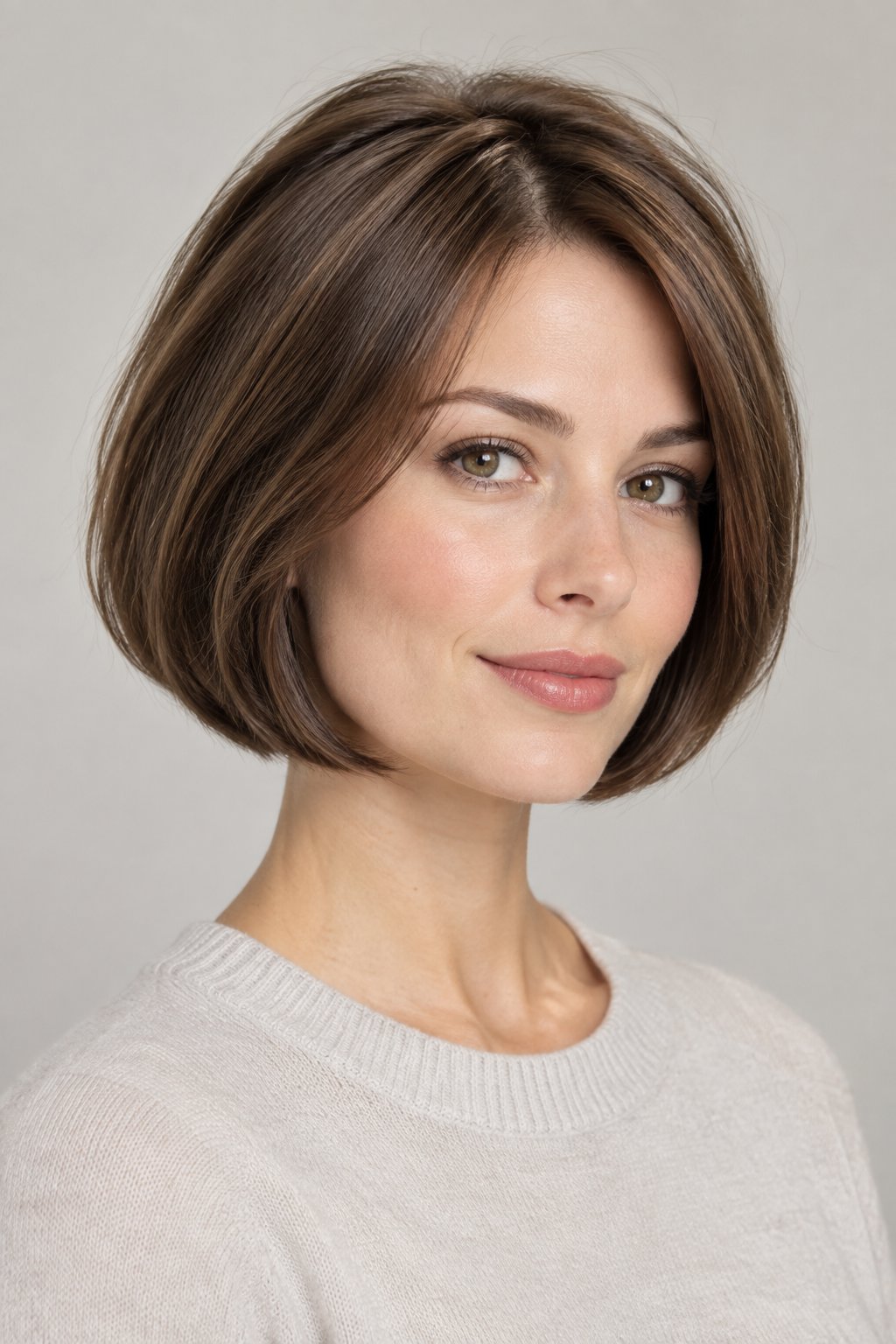 Rounded bob with a curved perimeter and subtle interior crown layers for lift.