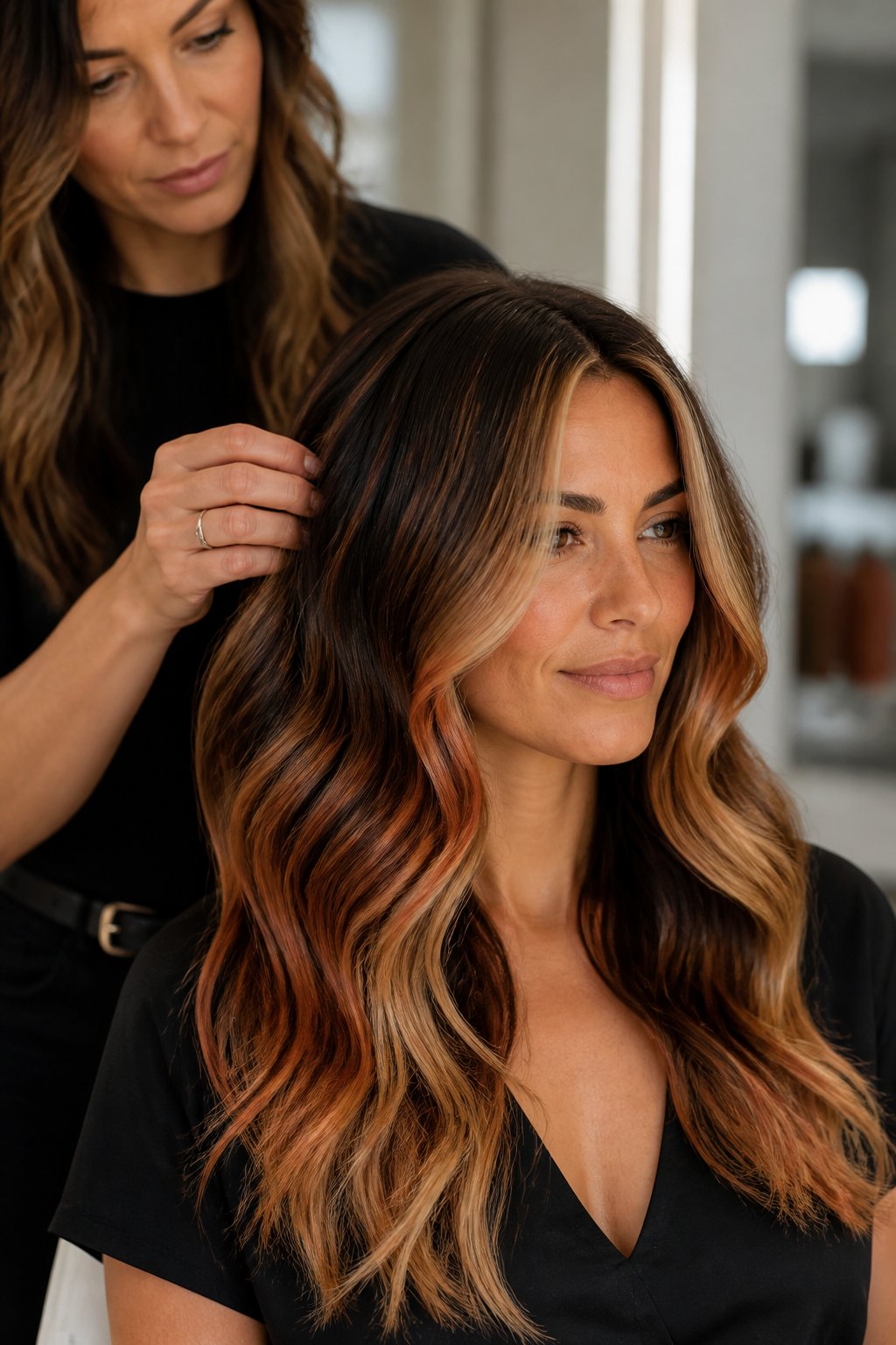 Salon-styled long waves with dark brunette, copper, caramel, and cream foilyage highlights.