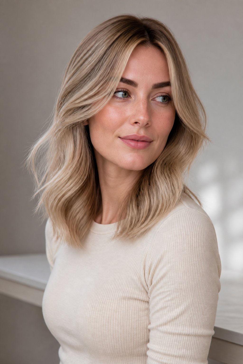 Sandy blonde hair with soft neutral beige and slightly cool gray undertones.