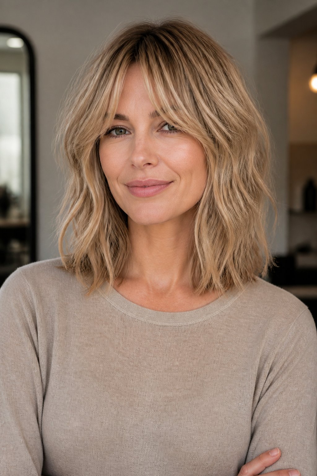 Sandy blonde shoulder-length shag with textured layers and curtain bangs.