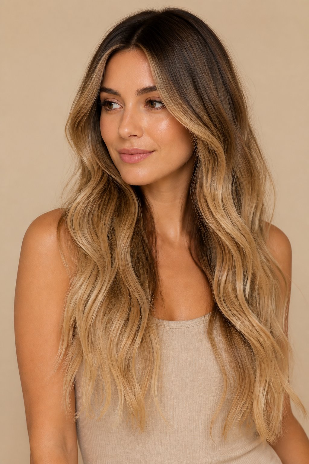Shadowed blonde balayage with deeper roots transitioning into lighter blonde mid-lengths and ends.
