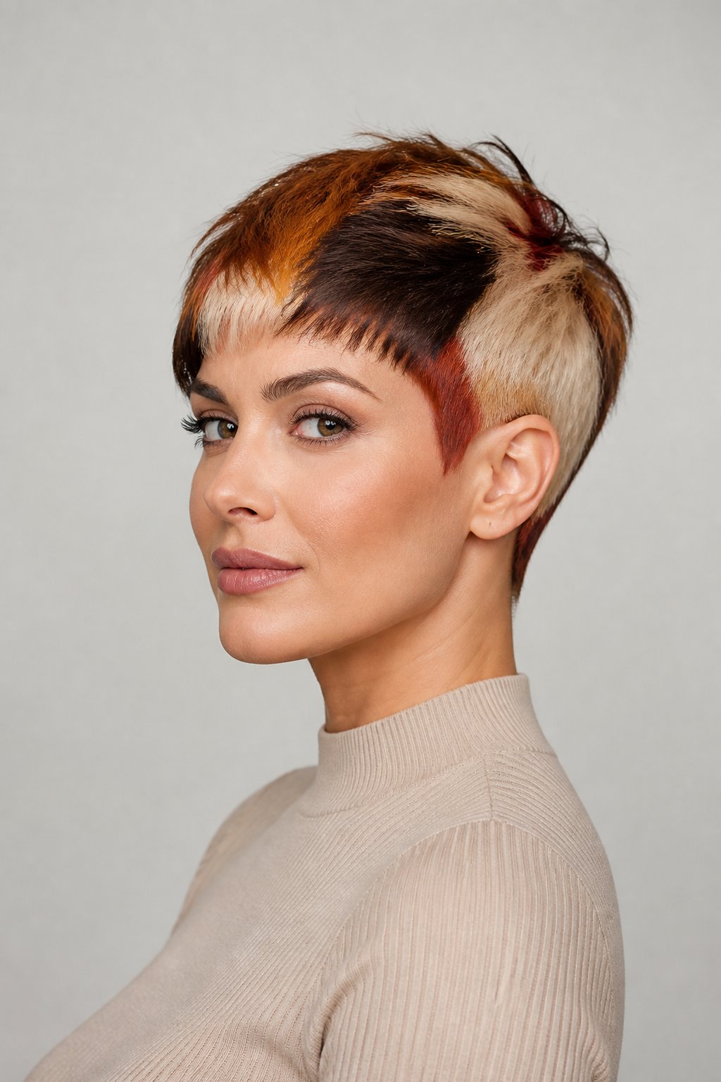 Short textured pixie cut with black, copper-orange, and cream-blonde calico sections.