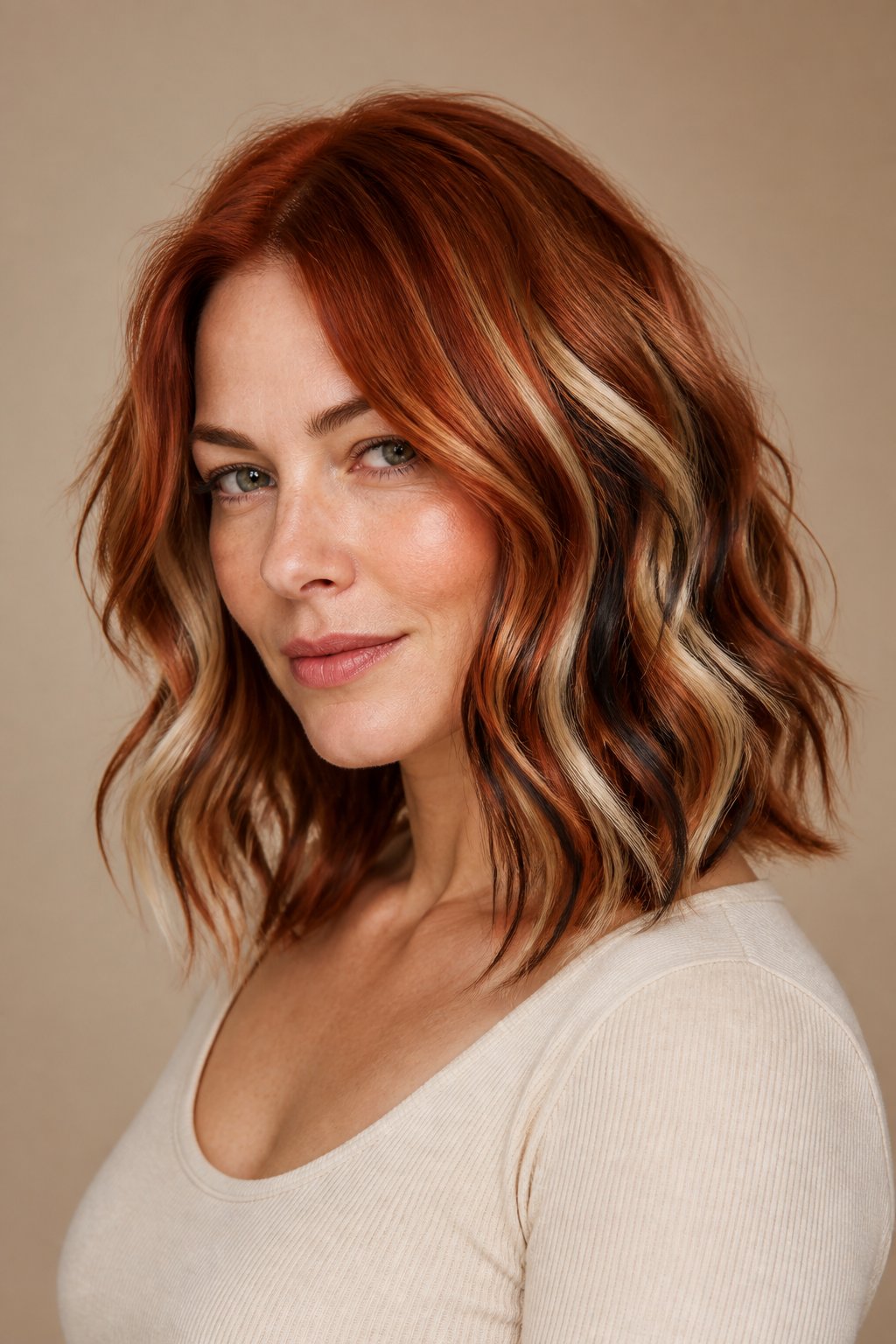 Short-to-medium red hair with hand-painted cream and copper balayage highlights.