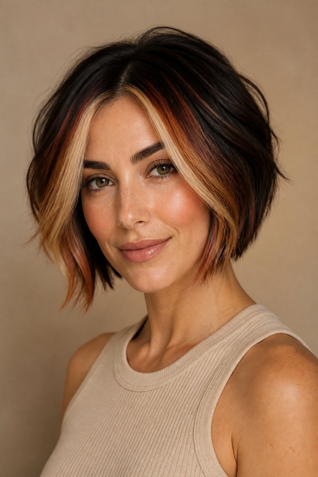 Short tousled bob with dark brunette, copper, and cream face-framing money-piece color.