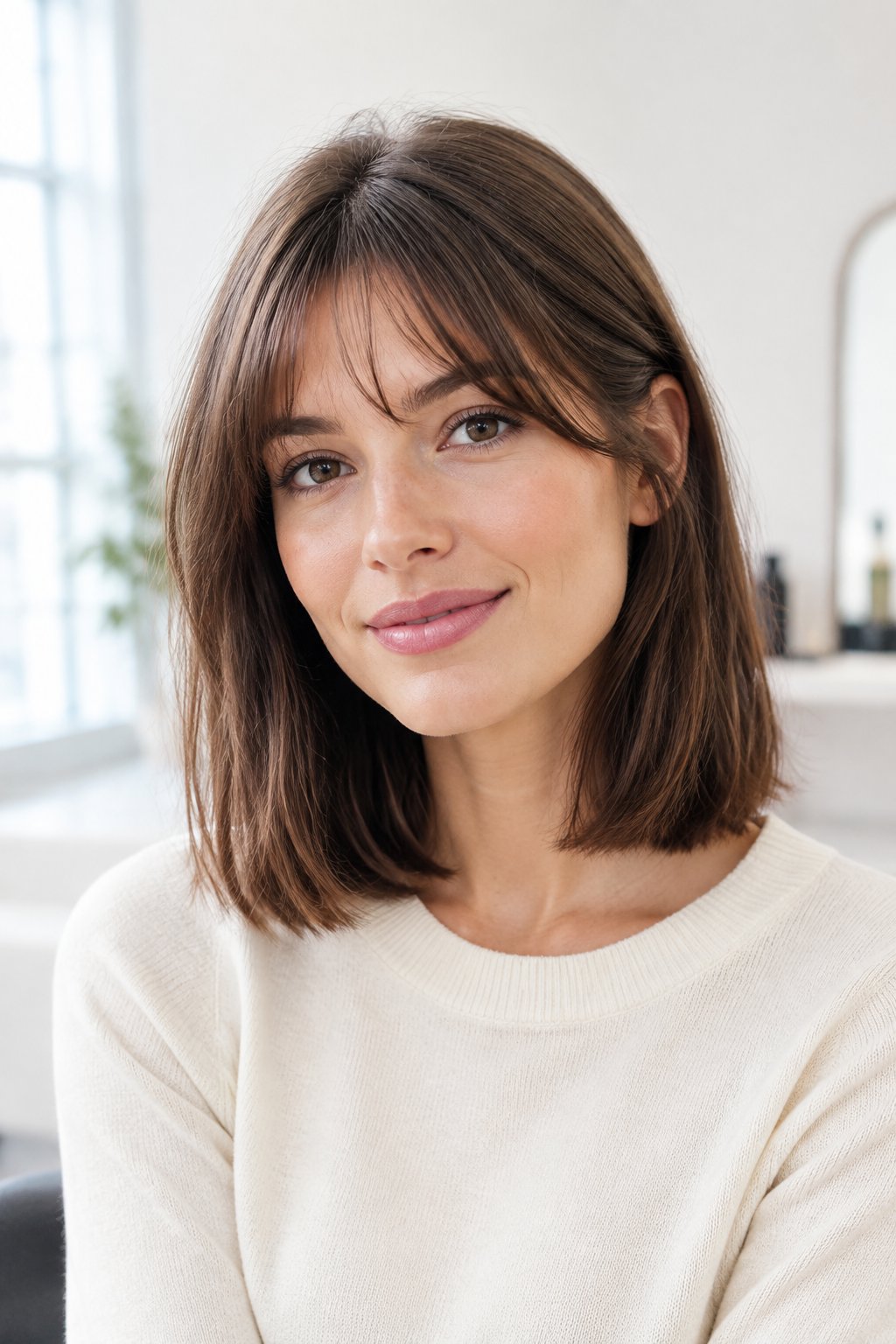 Shoulder-length blunt haircut with light wispy bangs and a soft face-framing effect.