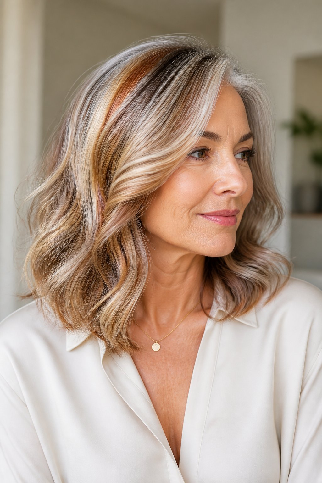 Shoulder-length gray-blending hair with silver, warm brown, and cream dimensional highlights.