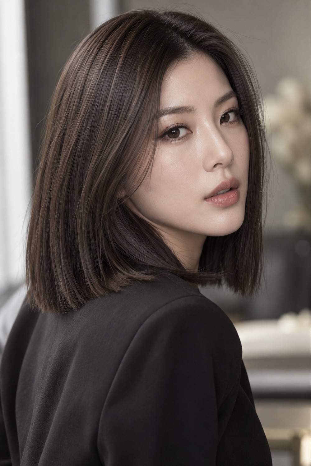 Shoulder-length sleek hair in cool-toned espresso brown with an ashy finish.