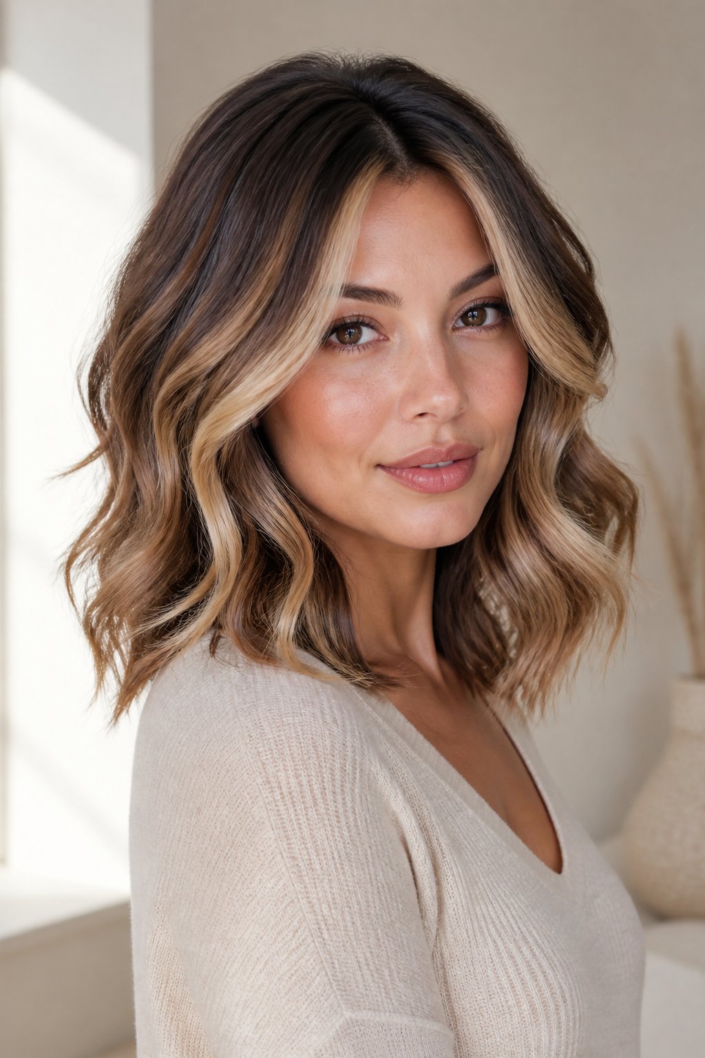 Shoulder-length wavy hair with chocolate brown, caramel, and cream-blonde calico highlights.