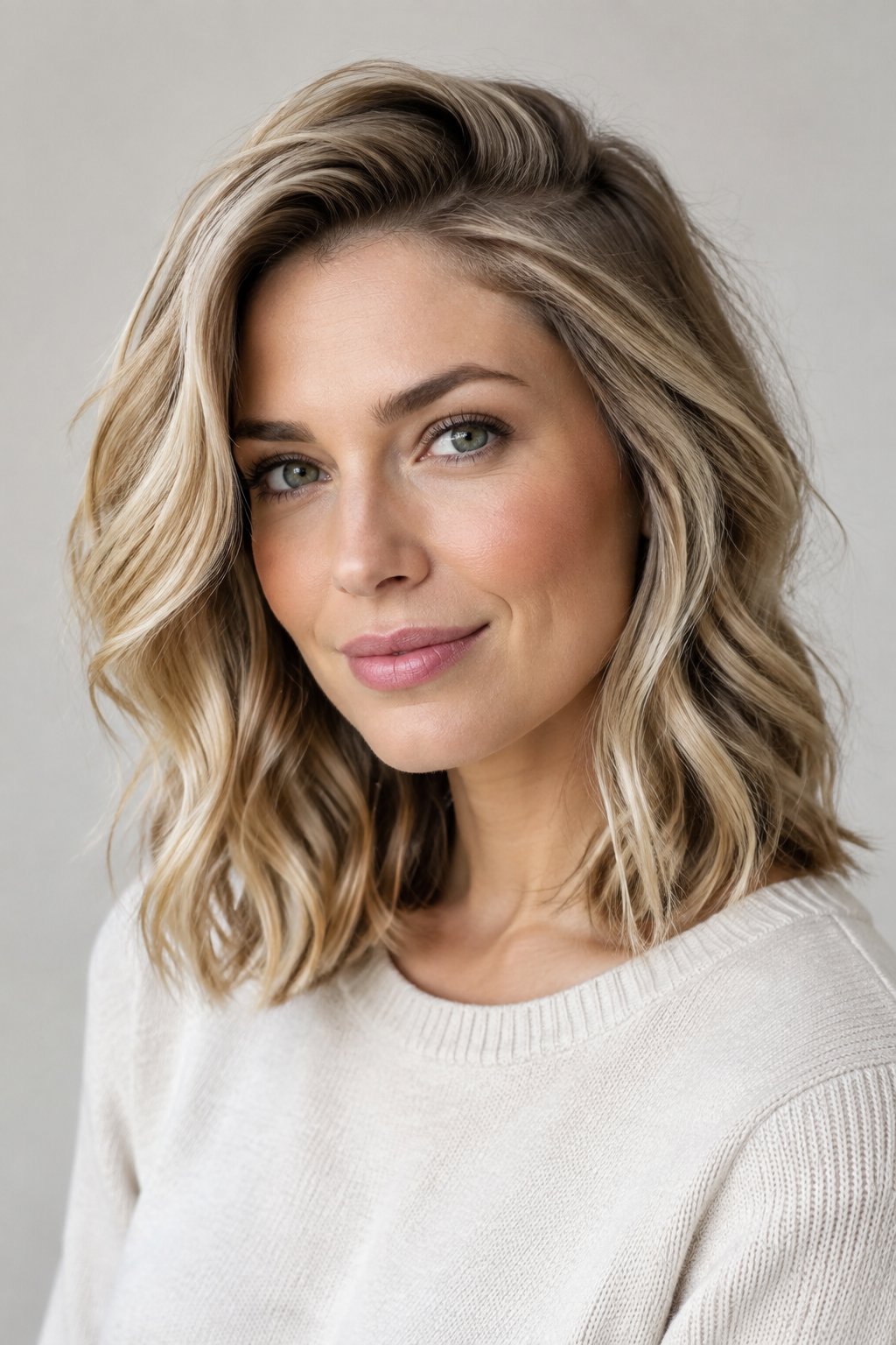 Side-parted lob with soft face-framing pieces and loose waves around the jaw.