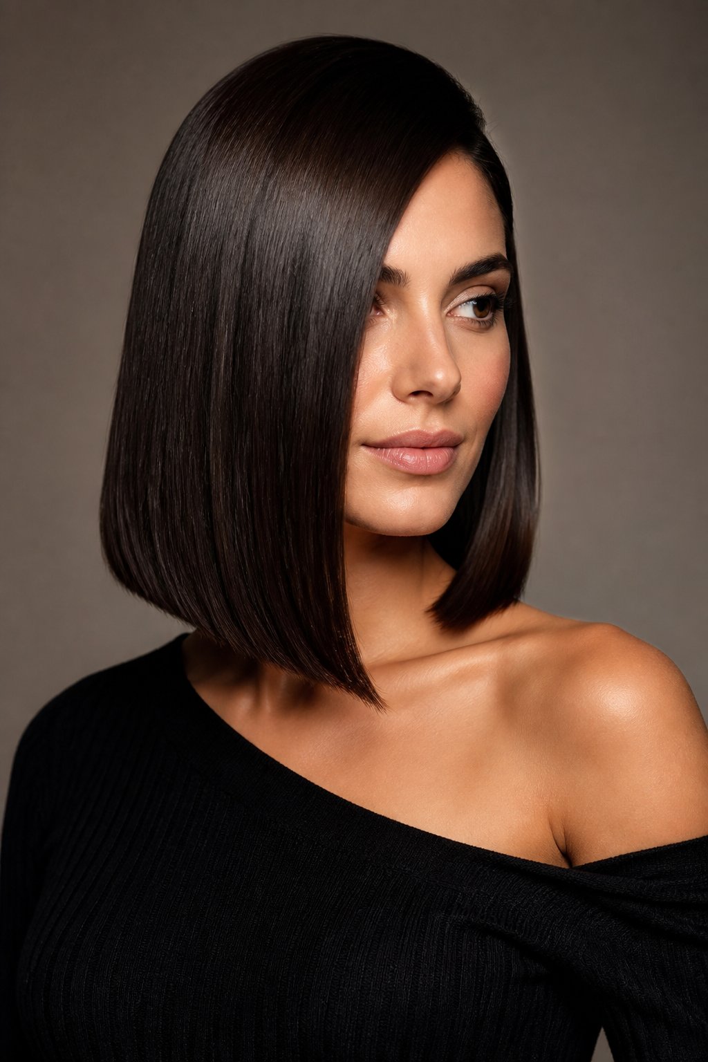 Side-parted sleek collarbone lob with a smooth straight glass-like finish.