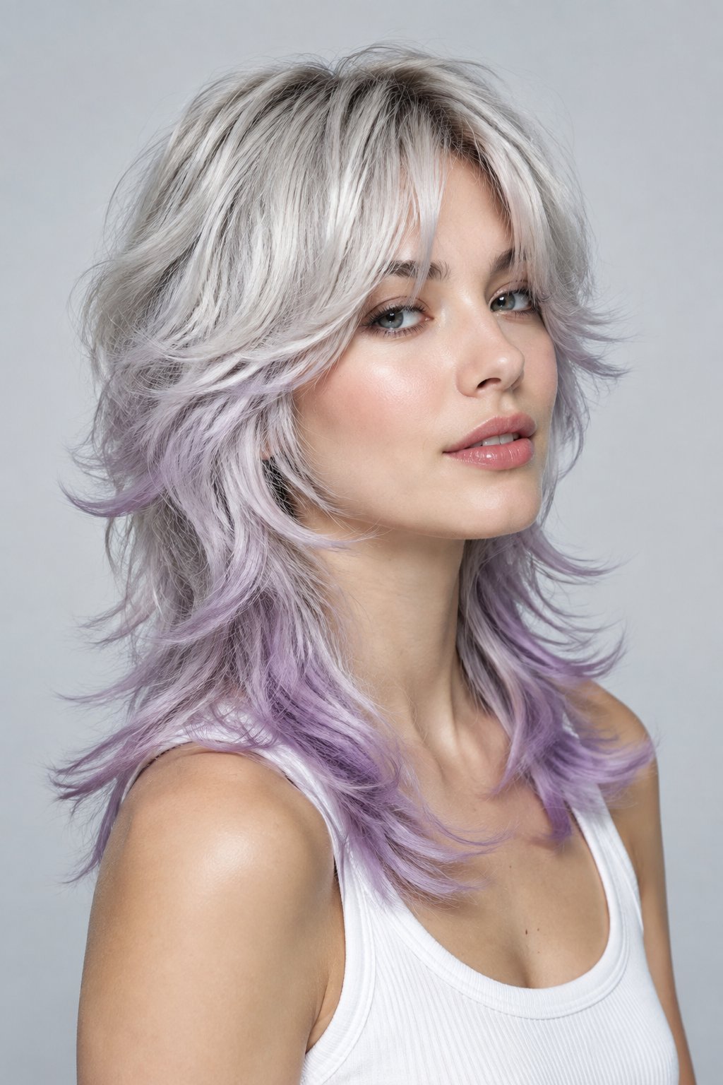 Silver hair paired with soft lavender ends creates an icy yet playful take on the modern wolf cut.