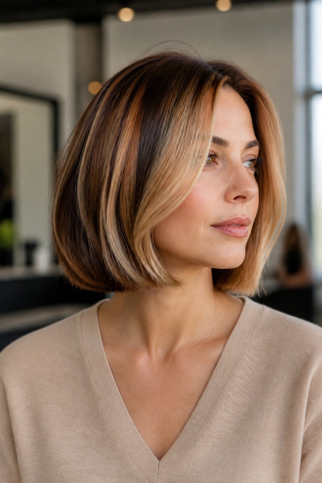 Sleek chin-length bob with brunette, caramel, and blonde calico color blocking.