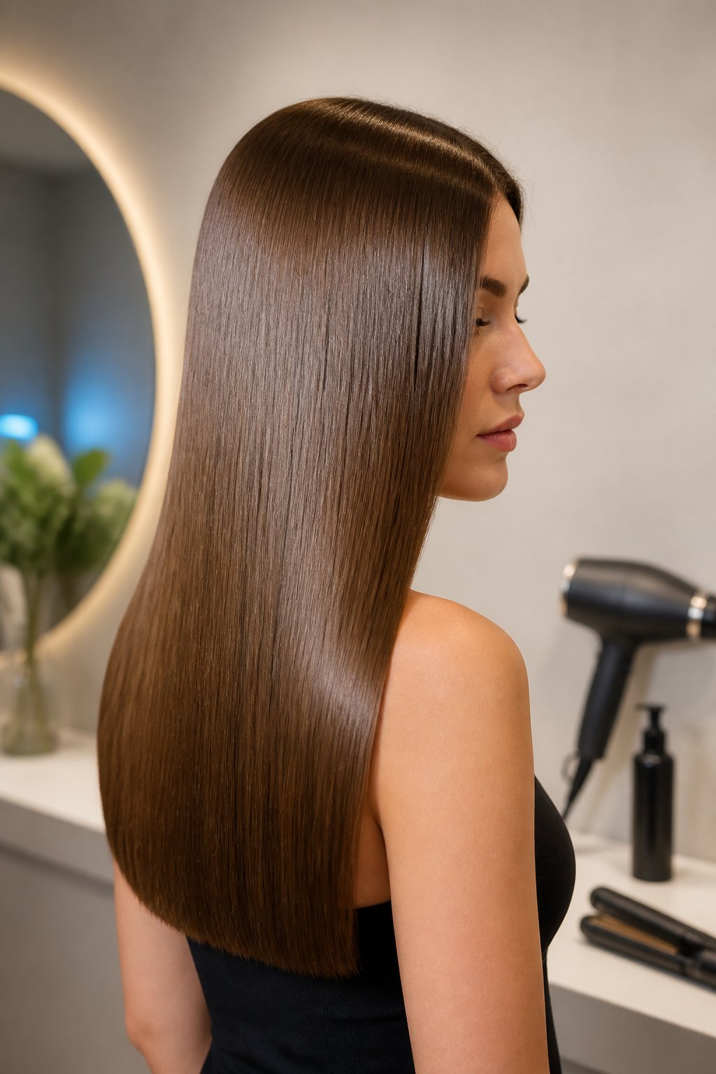 Sleek straight collarbone lob with precision-cut ends and a glossy smooth finish.