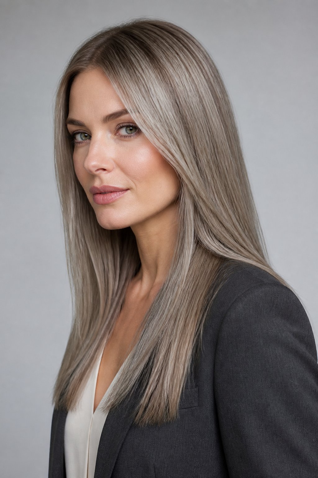 Smoky blonde hair with muted gray-beige undertones and a cool modern finish.