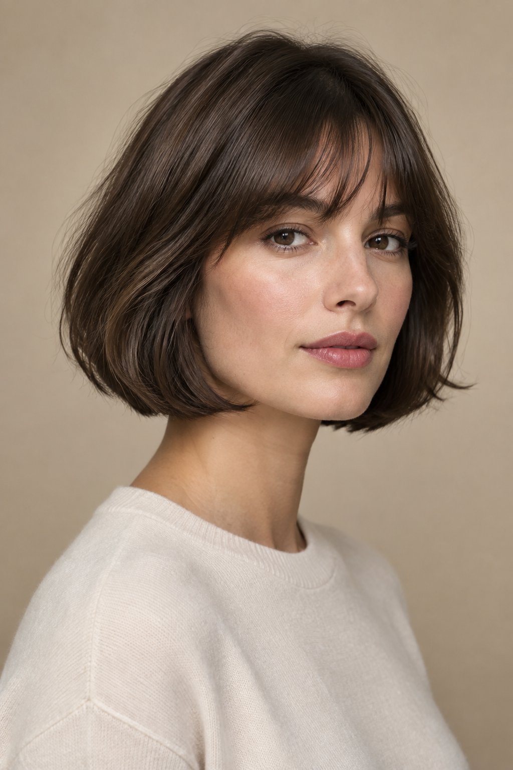 Soft Brunette French Bob – A rich brunette color makes the haircut feel extra glossy and chic.