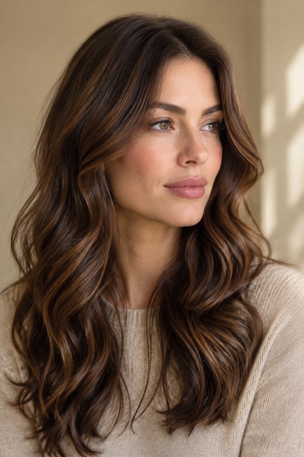 Soft cinnamon brunette hair with a subtle warm brown glow.