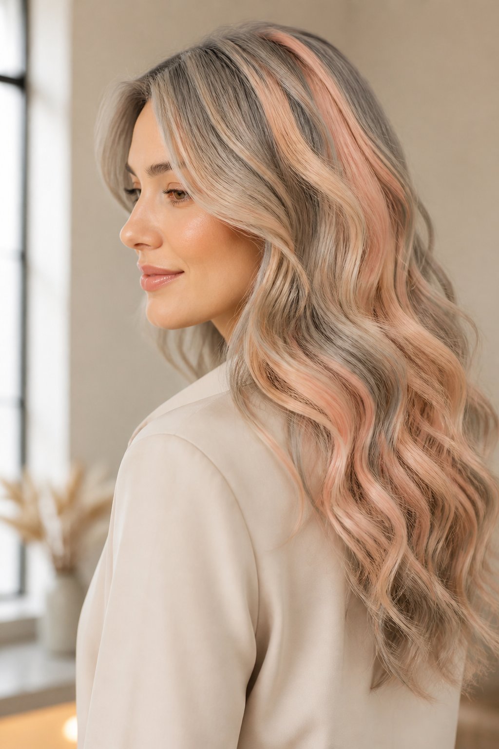 Soft wavy pastel calico hair blending peach, ash blonde, and creamy beige tones.