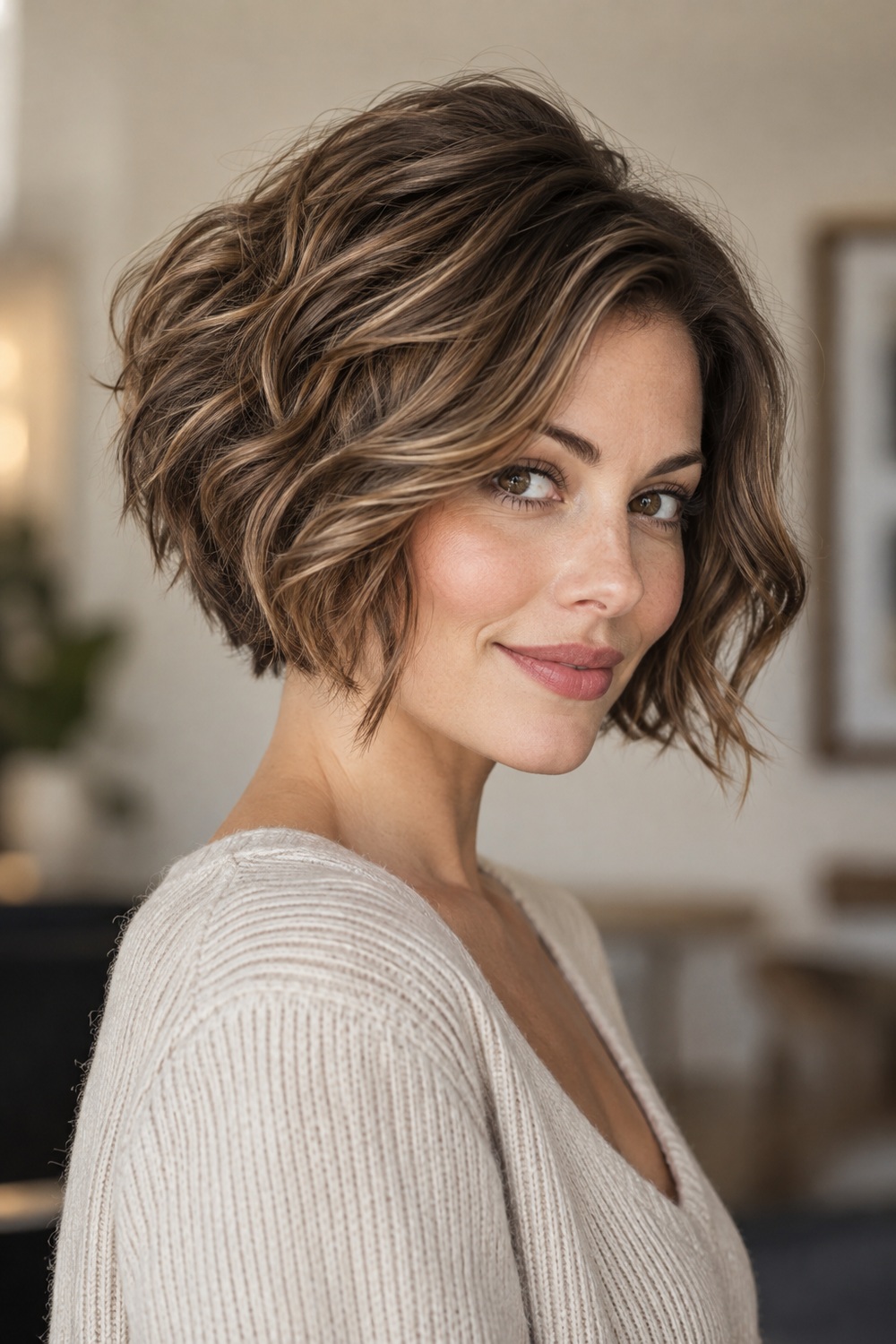 Stacked Wavy Bob With Crown Lift: AI-generated portrait showing the hairstyle described in this section.
