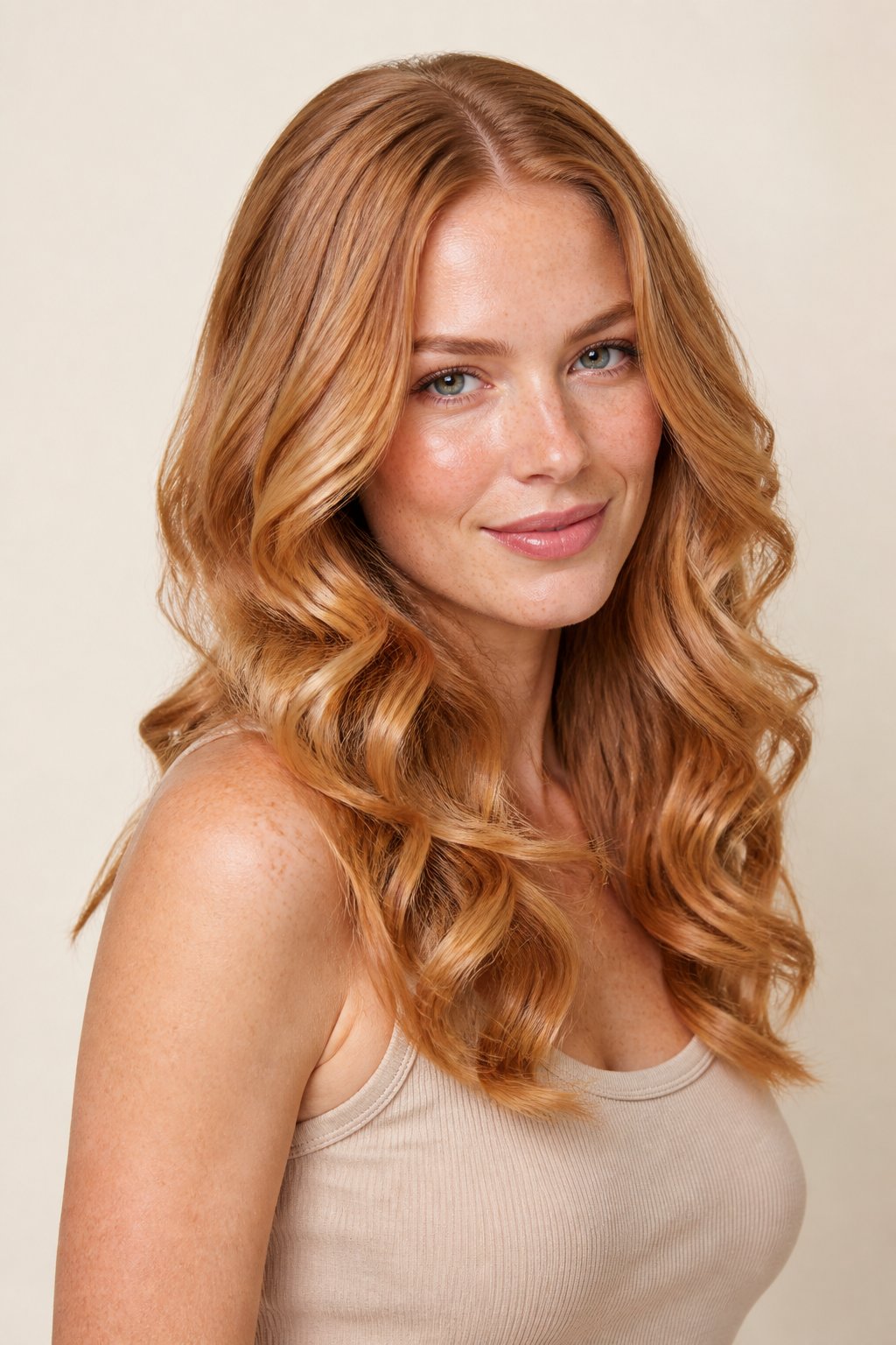 Strawberry blonde hair with a warm rosy-gold blend of blonde and subtle copper tones.
