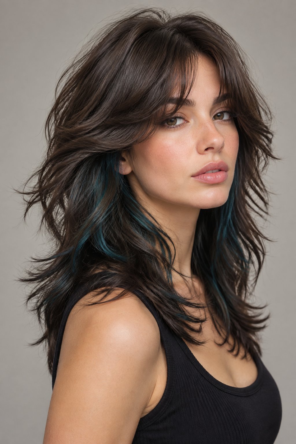 Teal peekaboo panels give brunette hair an unexpected burst of jewel-toned color.
