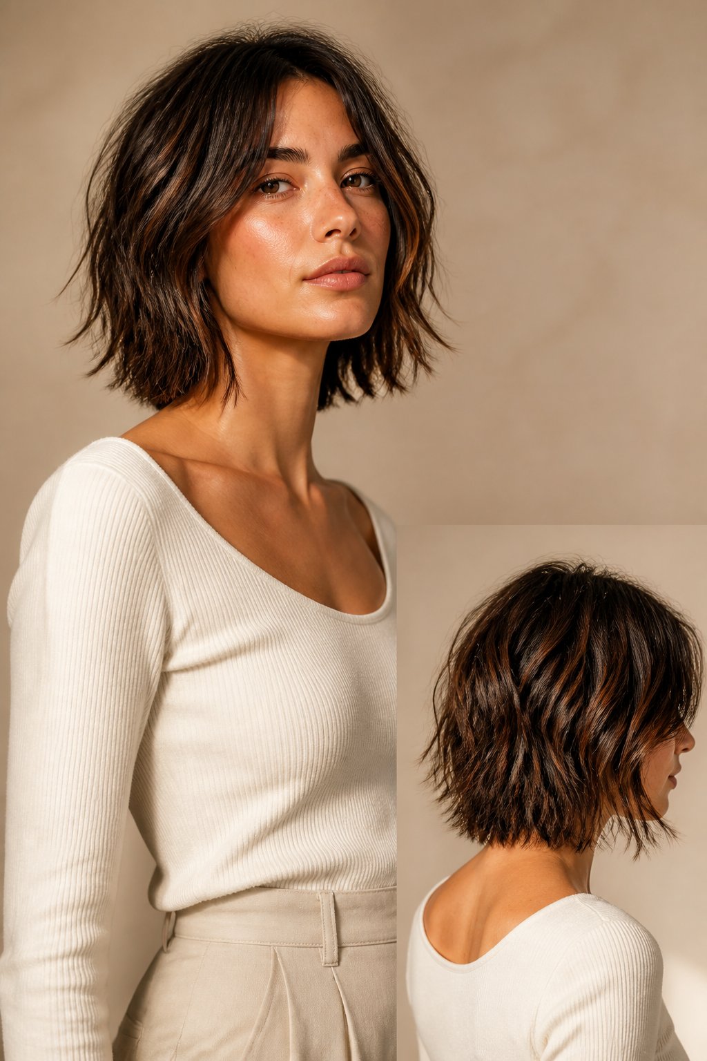 Textured choppy collarbone lob with piecey razor-cut or point-cut ends.