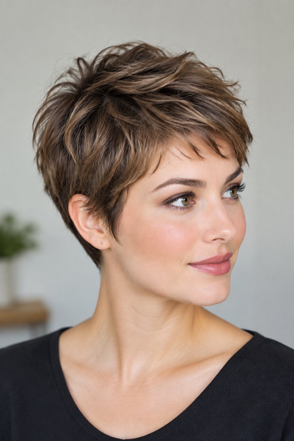 Textured pixie haircut on fine brunette hair with soft piecey layers and a lifted crown.