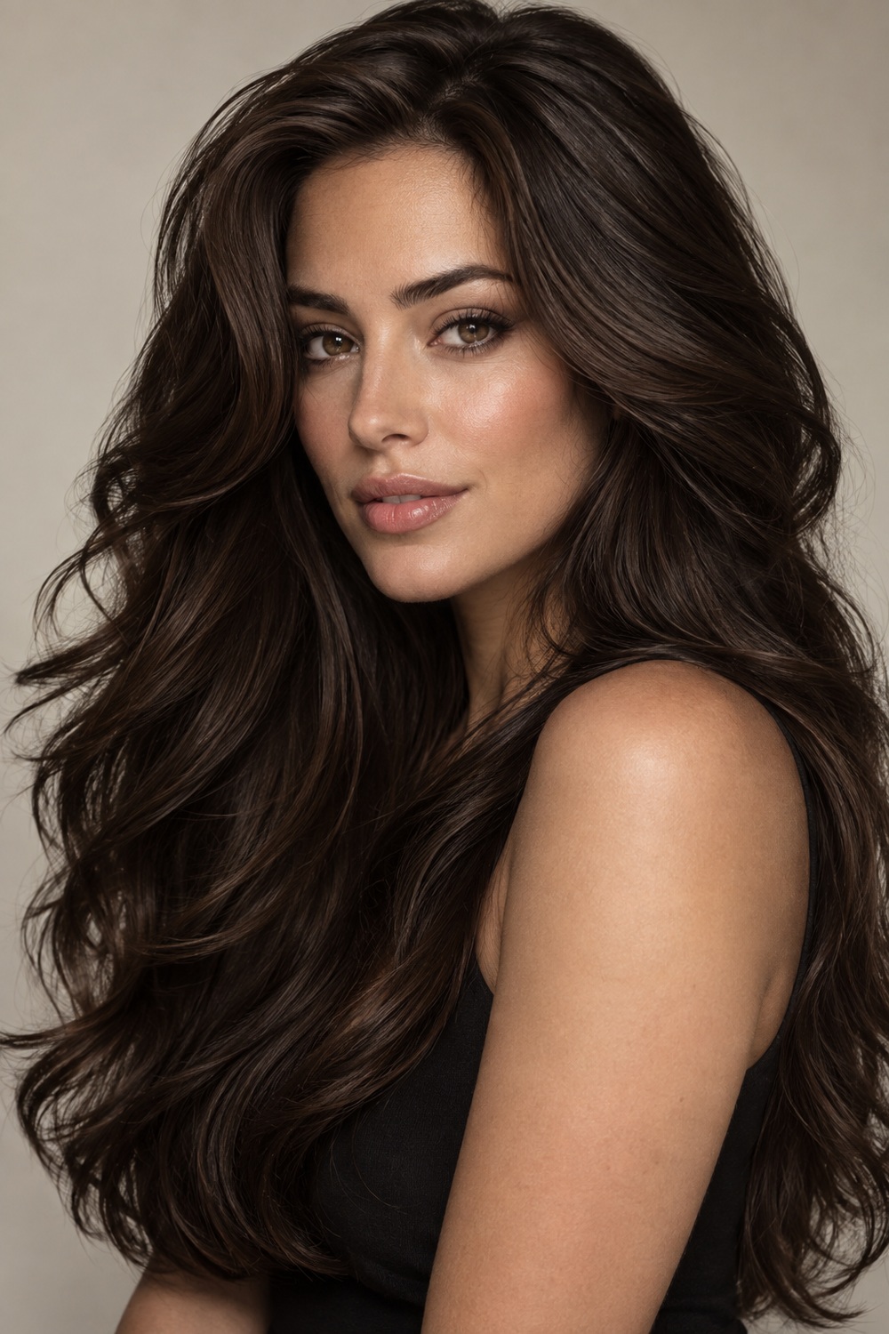 Thick, voluminous long hair in rich espresso brown with layered movement.