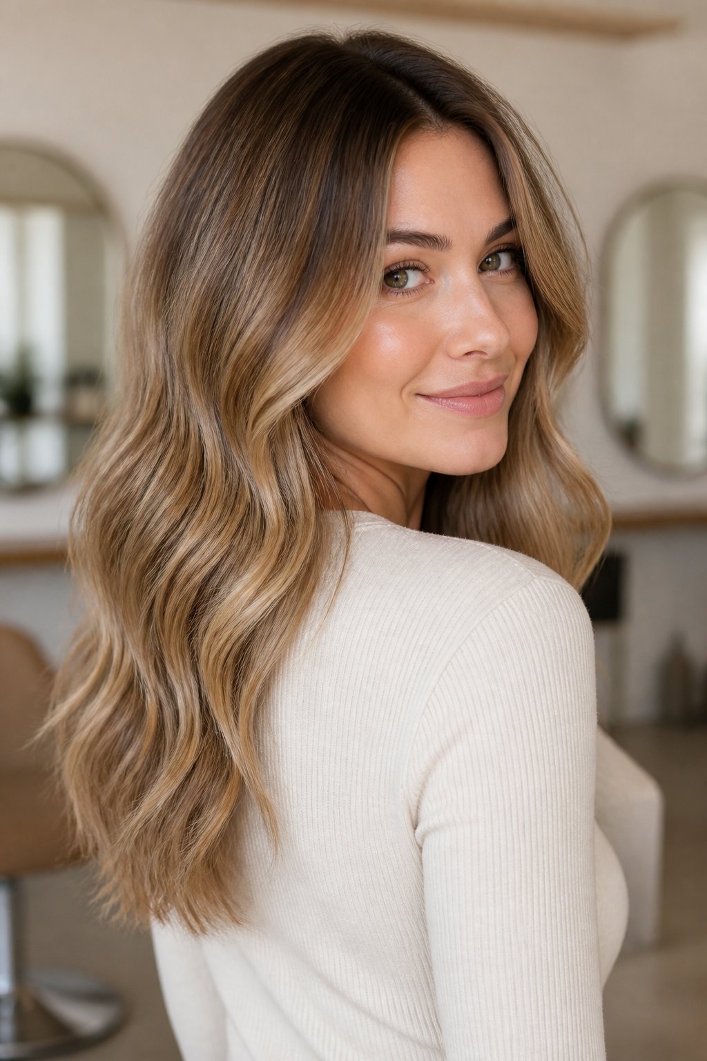 Toasted almond blonde hair with warm nutty tones, a natural darker base, and lighter ends.