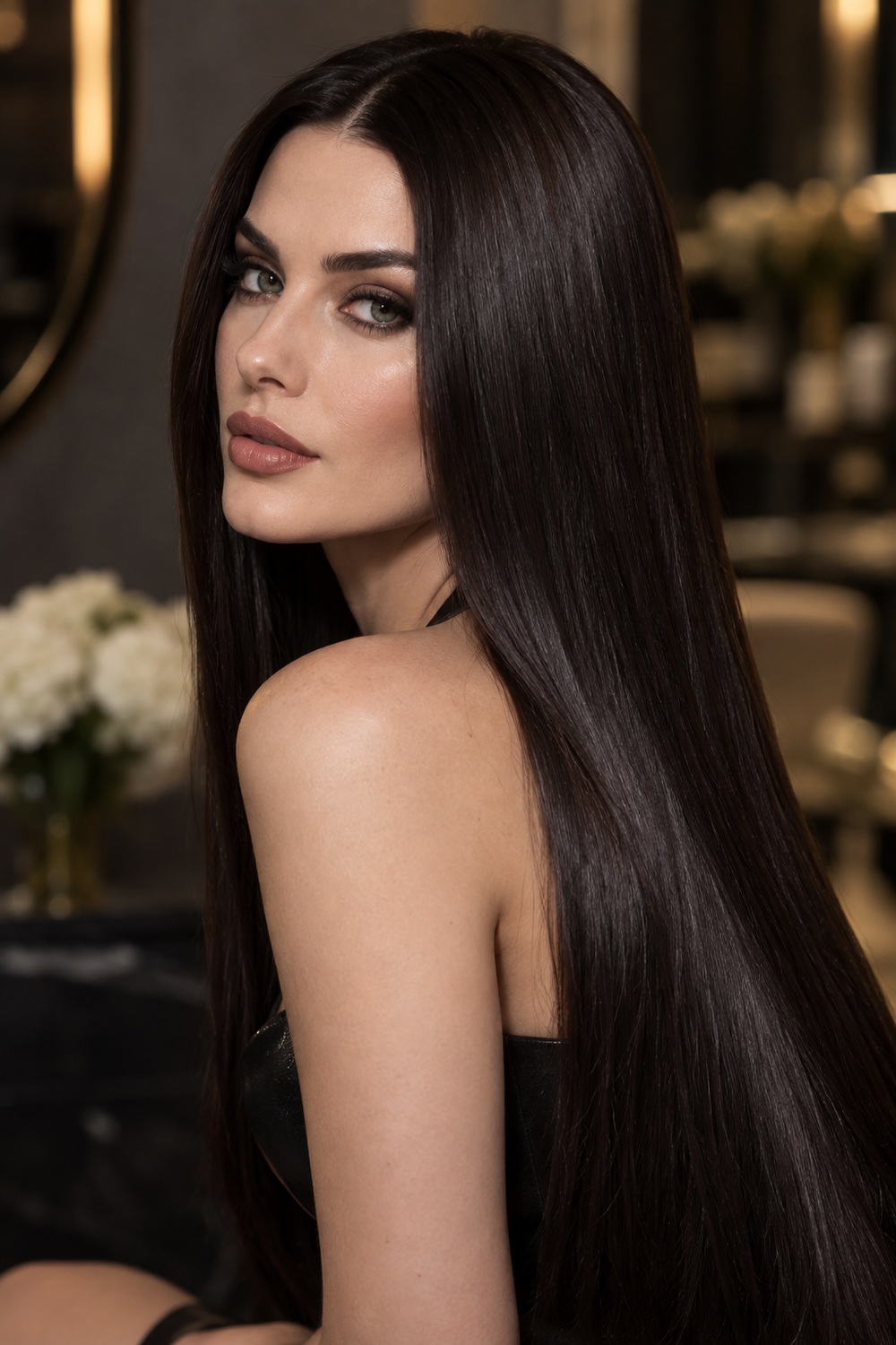 Very long straight hair in deep espresso brown with a near-black glossy finish.