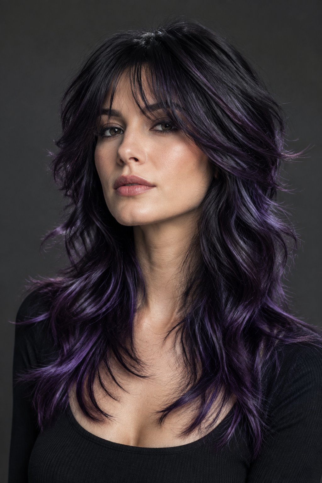 Violet balayage creates a mysterious, multidimensional effect when layered over a deep black wolf cut.